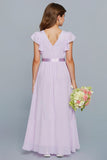 Lilac A-Line Chiffon V-Neck Ruffled Long Junior Bridesmaid Dress with Bow