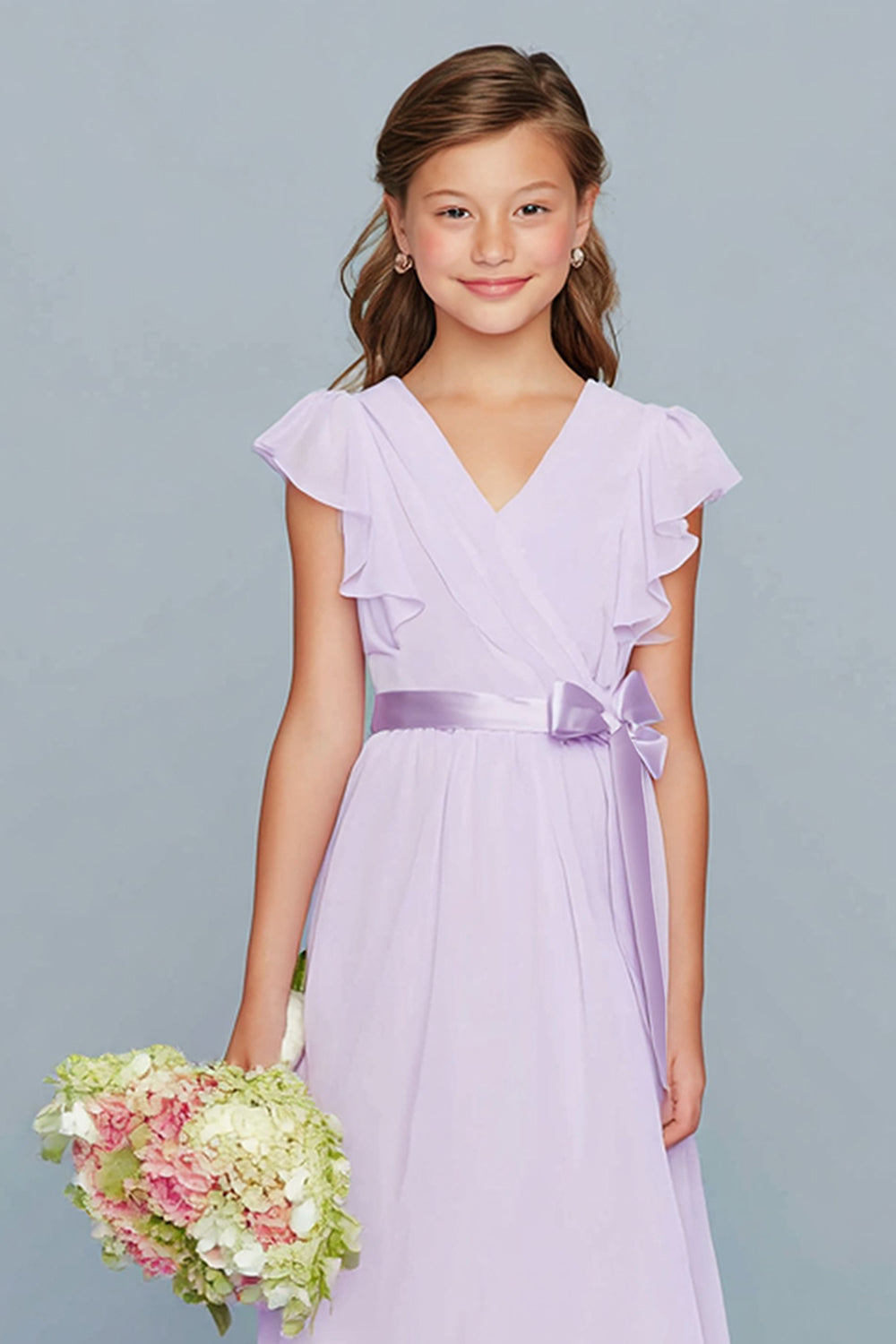 Lilac A-Line Chiffon V-Neck Ruffled Long Junior Bridesmaid Dress with Bow