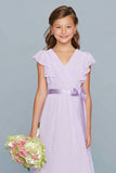 Lilac A-Line Chiffon V-Neck Ruffled Long Junior Bridesmaid Dress with Bow