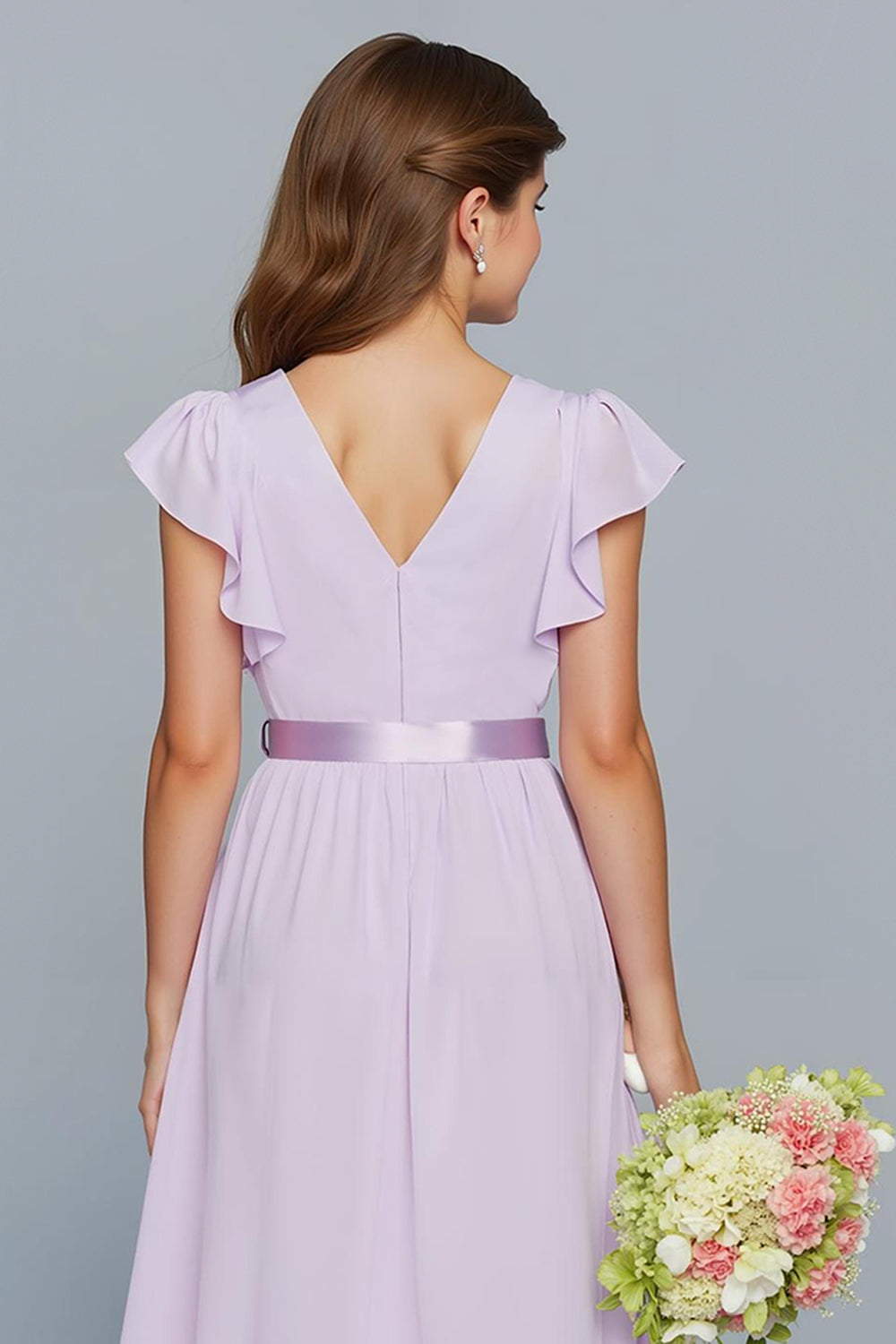 Lilac A-Line Chiffon V-Neck Ruffled Long Junior Bridesmaid Dress with Bow