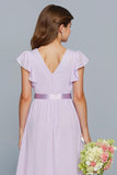 Lilac A-Line Chiffon V-Neck Ruffled Long Junior Bridesmaid Dress with Bow