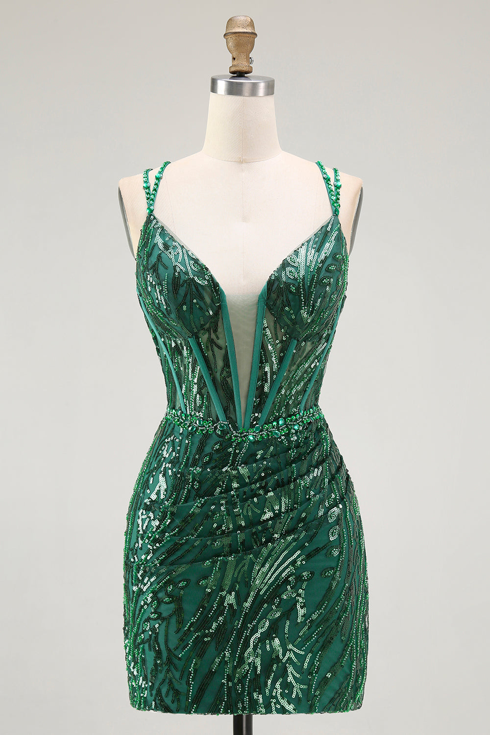 Sparkly Dark Green Bodycon Backless Short Corset Homecoming Dress with Sequins