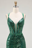 Sparkly Dark Green Bodycon Backless Short Corset Homecoming Dress with Sequins