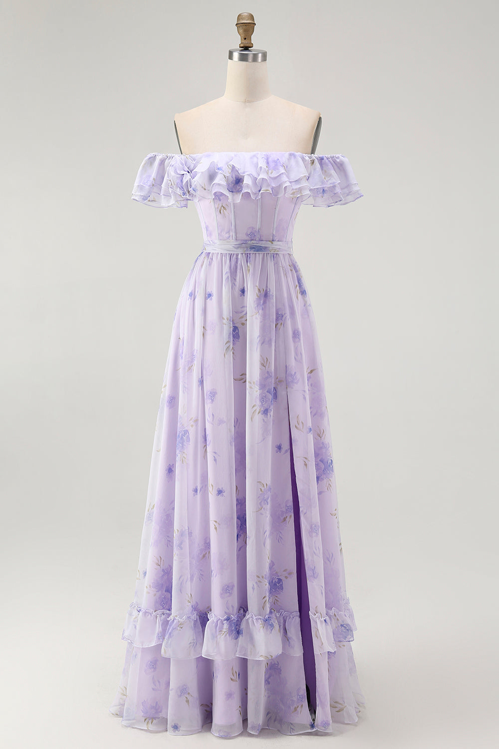 Lavender Floral Ruffled Off The Shoulder A Line Long Bridesmaid Dress