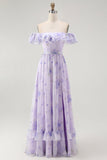 Lavender Floral Ruffled Off The Shoulder A Line Long Bridesmaid Dress