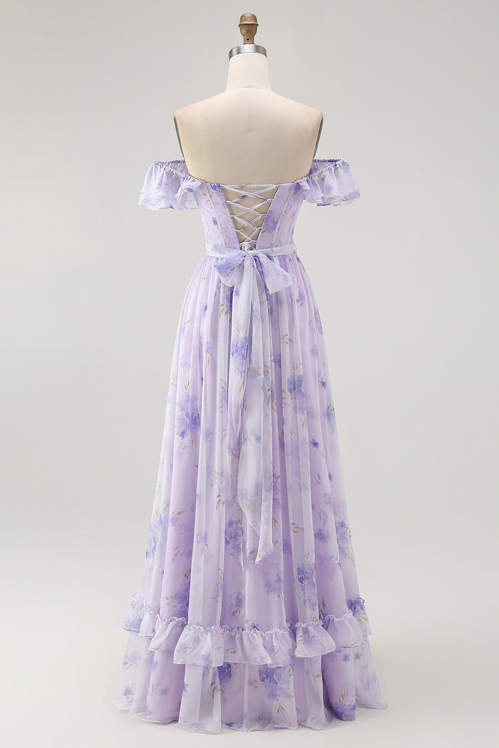 Lavender Floral Ruffled Off The Shoulder A Line Long Bridesmaid Dress