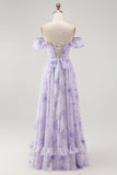 Lavender Floral Ruffled Off The Shoulder A Line Long Bridesmaid Dress