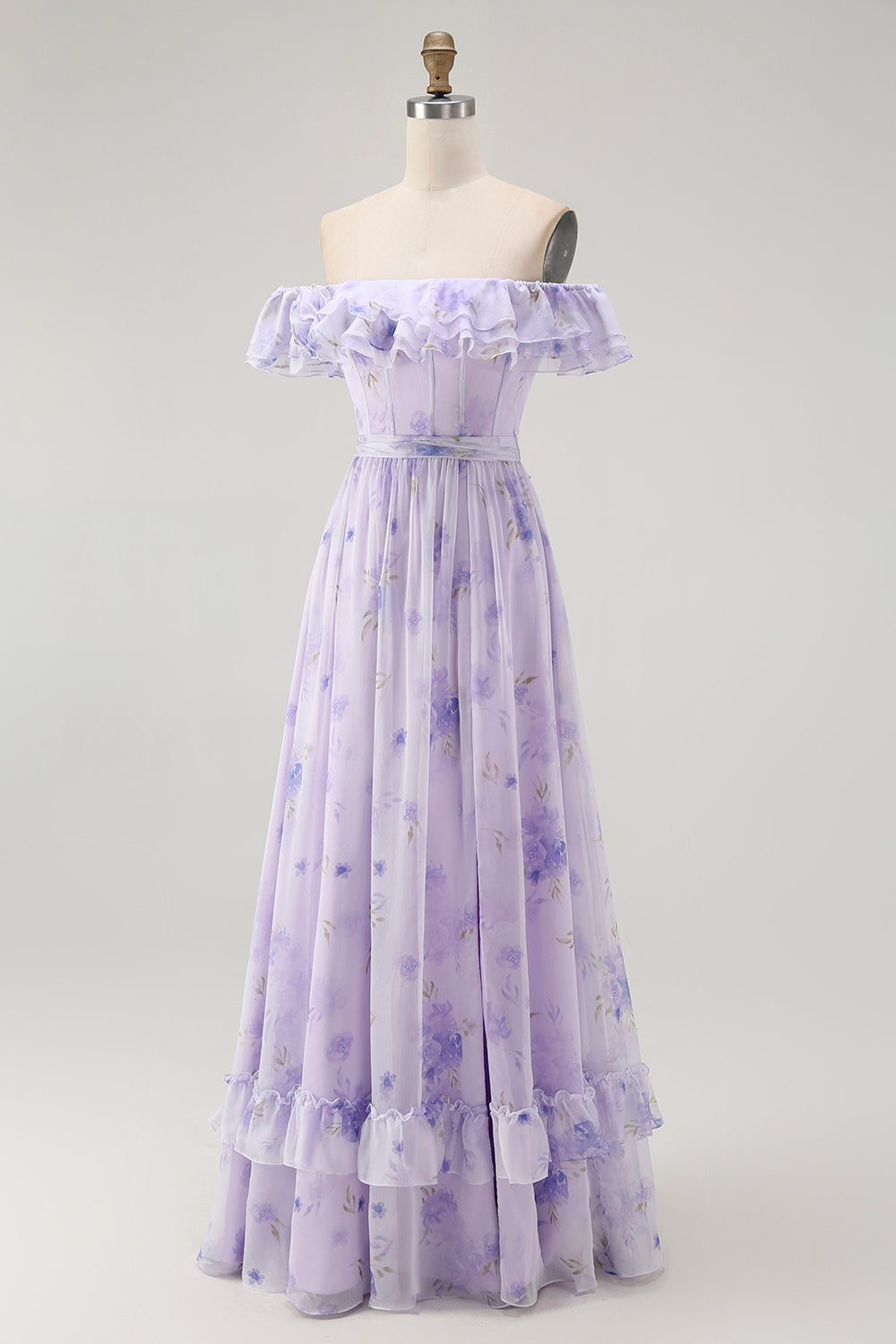 Lavender Floral Ruffled Off The Shoulder A Line Long Bridesmaid Dress