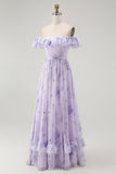 Lavender Floral Ruffled Off The Shoulder A Line Long Bridesmaid Dress