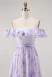 Lavender Floral Ruffled Off The Shoulder A Line Long Bridesmaid Dress