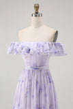 Lavender Floral Ruffled Off The Shoulder A Line Long Bridesmaid Dress
