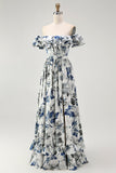 Blue Floral Corset Ruffled Off The Shoulder A Line Long Bridesmaid Dress