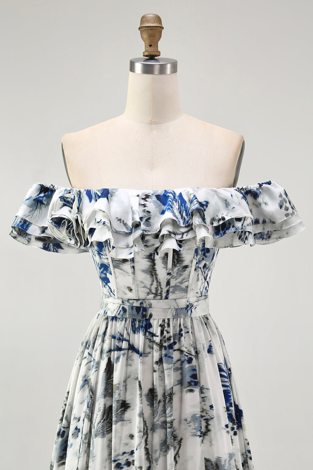 Blue Floral Corset Ruffled Off The Shoulder A Line Long Bridesmaid Dress