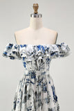 Blue Floral Corset Ruffled Off The Shoulder A Line Long Bridesmaid Dress