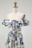 Blue Floral Corset Ruffled Off The Shoulder A Line Long Bridesmaid Dress