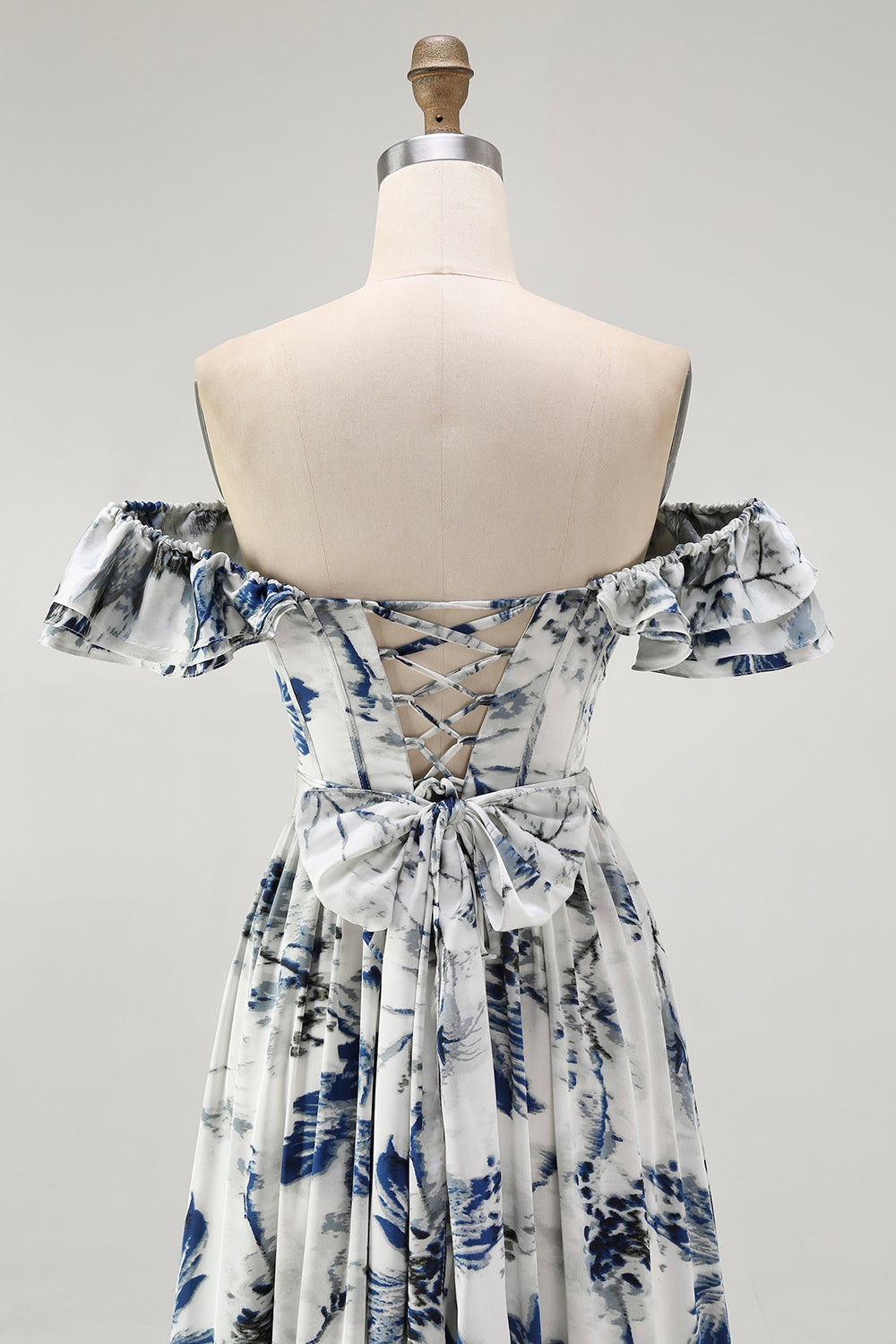 Blue Floral Corset Ruffled Off The Shoulder A Line Long Bridesmaid Dress