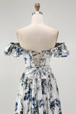 Blue Floral Corset Ruffled Off The Shoulder A Line Long Bridesmaid Dress