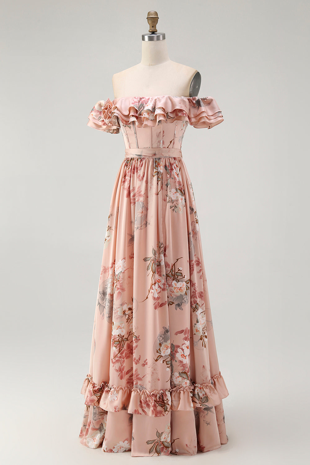 Blush Floral Corset A Line Ruffled Long Bridesmaid Dress