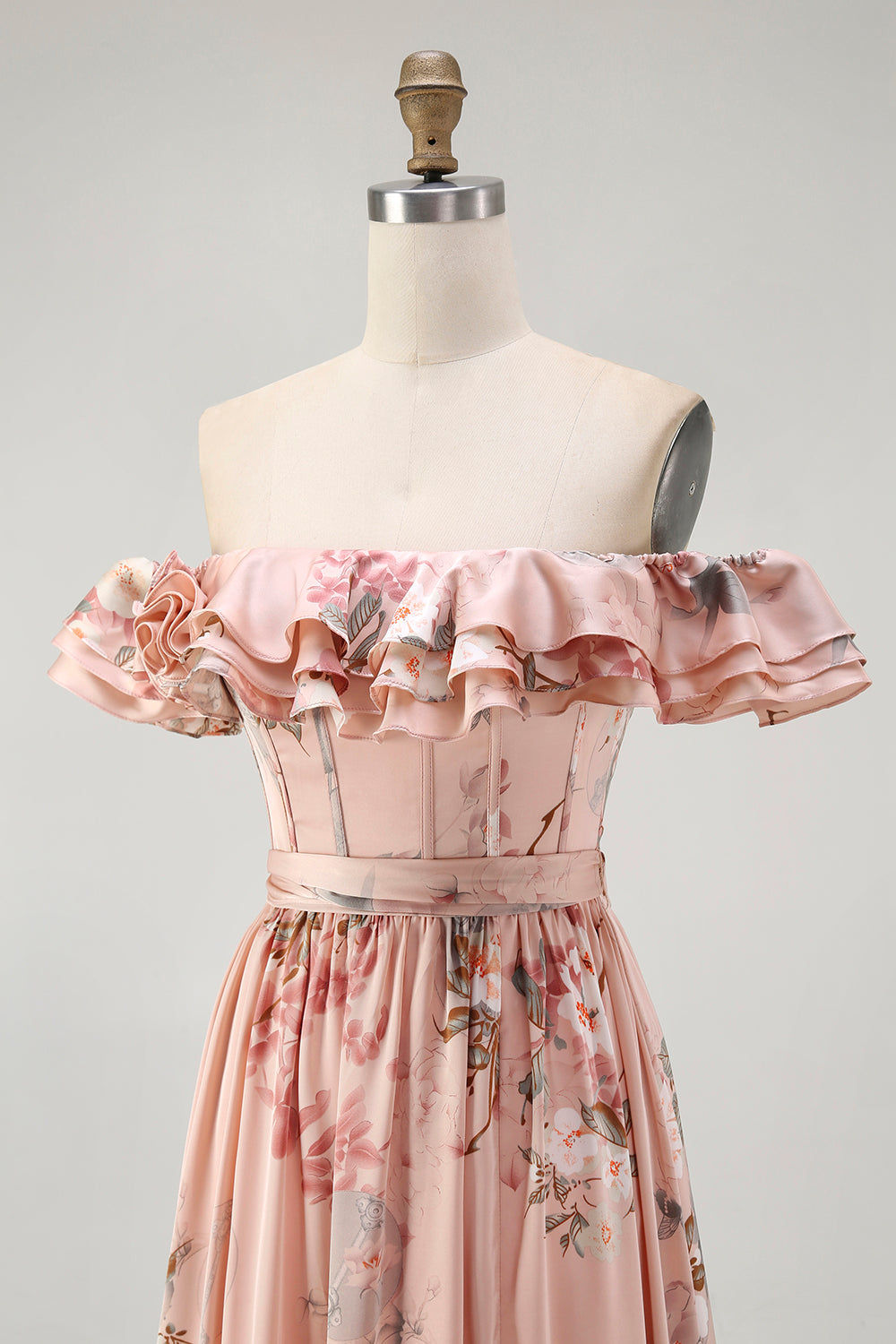 Blush Floral Corset A Line Ruffled Long Bridesmaid Dress