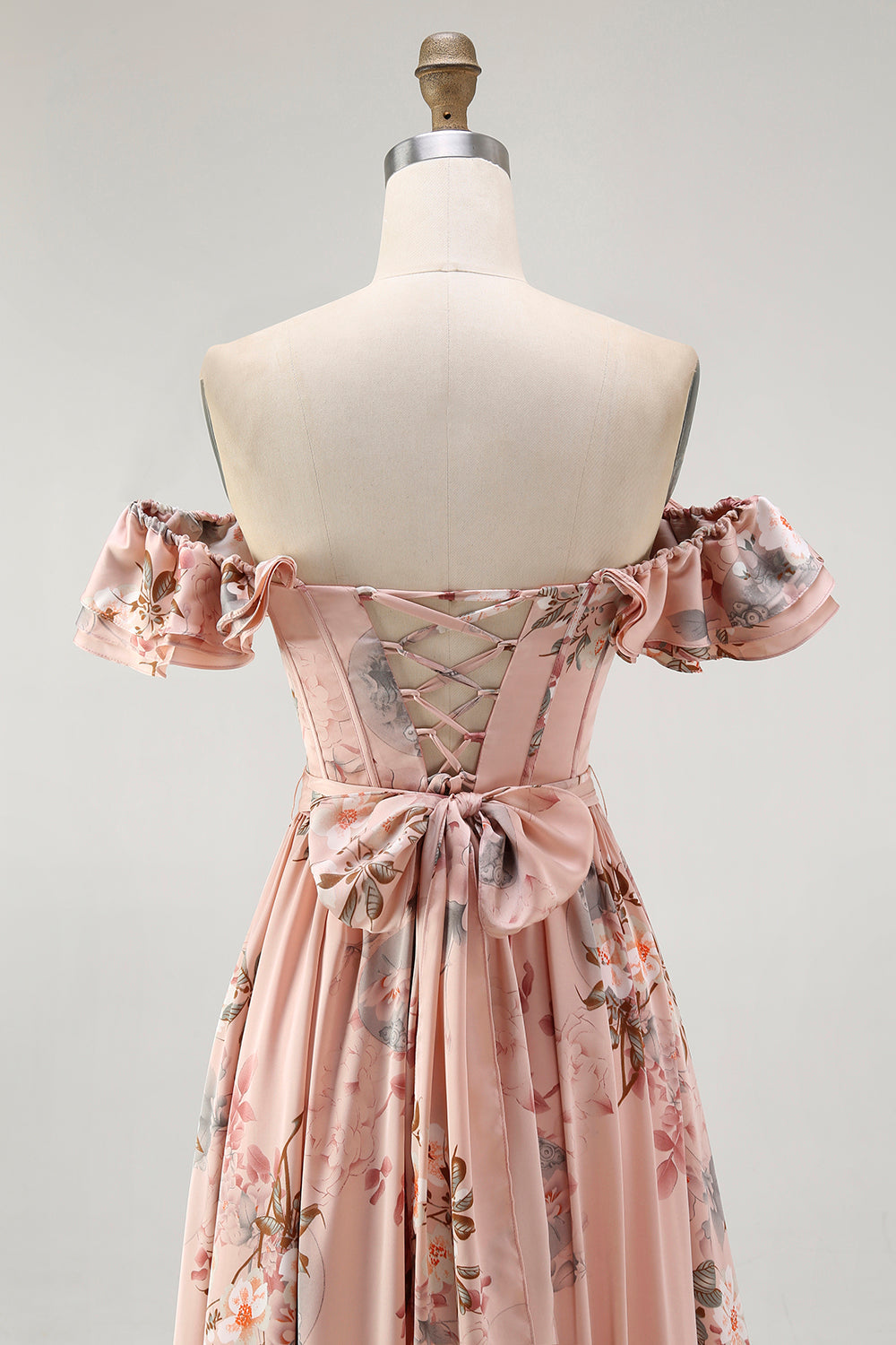 Blush Floral Corset A Line Ruffled Long Bridesmaid Dress
