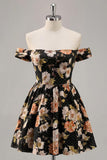 Off The Shoulder Black Floral A Line Beaded Mini Homecoming Dress
