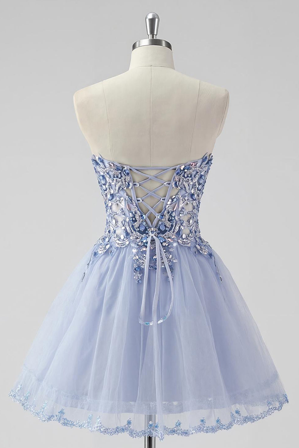 Sparkly Lavender Strapless Beaded A Line Homecoming Dress with Lace Up Back