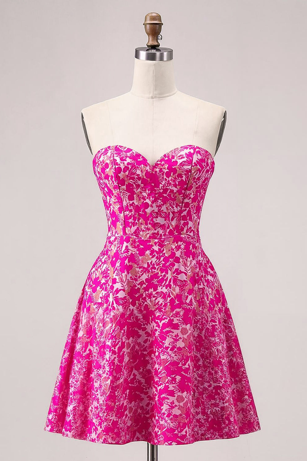 Fuchsia Floral Strapless A Line Mini Homecoming Dress