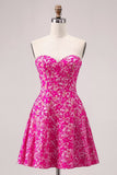 Fuchsia Floral Strapless A Line Mini Homecoming Dress