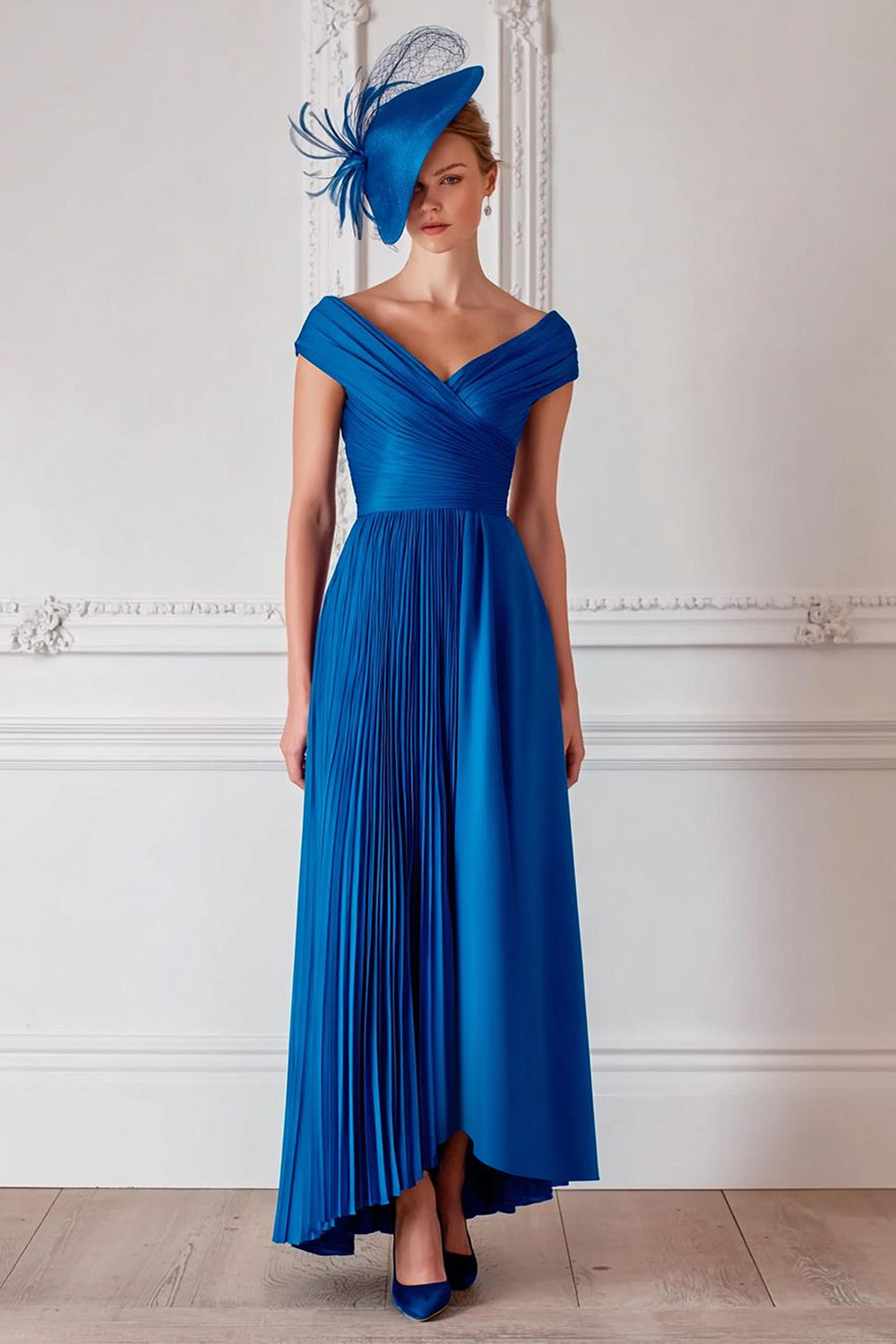 Royal Blue Off the Shoulder Satin A Line Pleated Long Mother of the Bride Dress