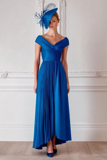 Royal Blue Off the Shoulder Satin A Line Pleated Long Mother of the Bride Dress