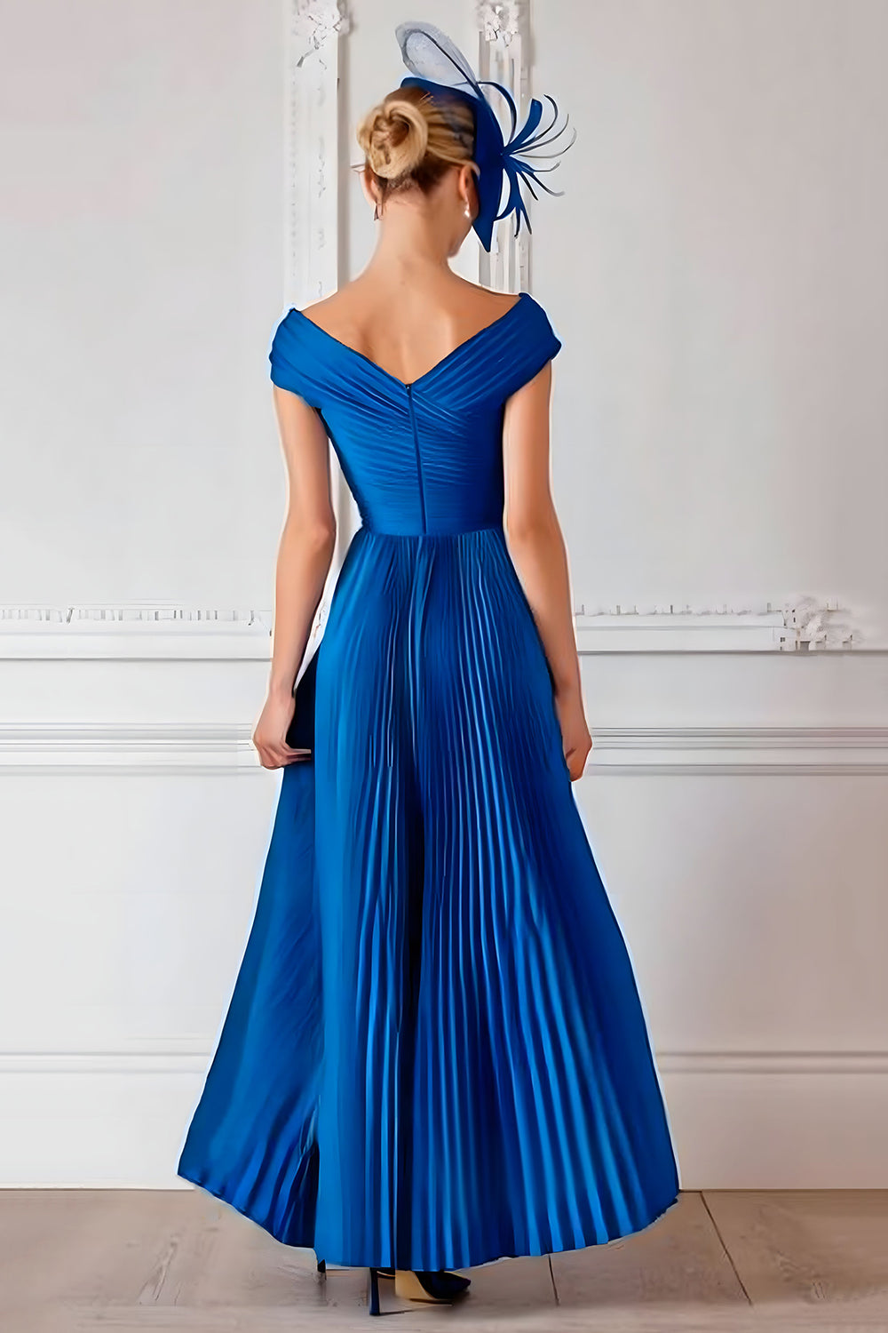 Royal Blue Off the Shoulder Satin A Line Pleated Long Mother of the Bride Dress