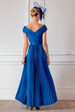 Royal Blue Off the Shoulder Satin A Line Pleated Long Mother of the Bride Dress