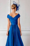 Royal Blue Off the Shoulder Satin A Line Pleated Long Mother of the Bride Dress