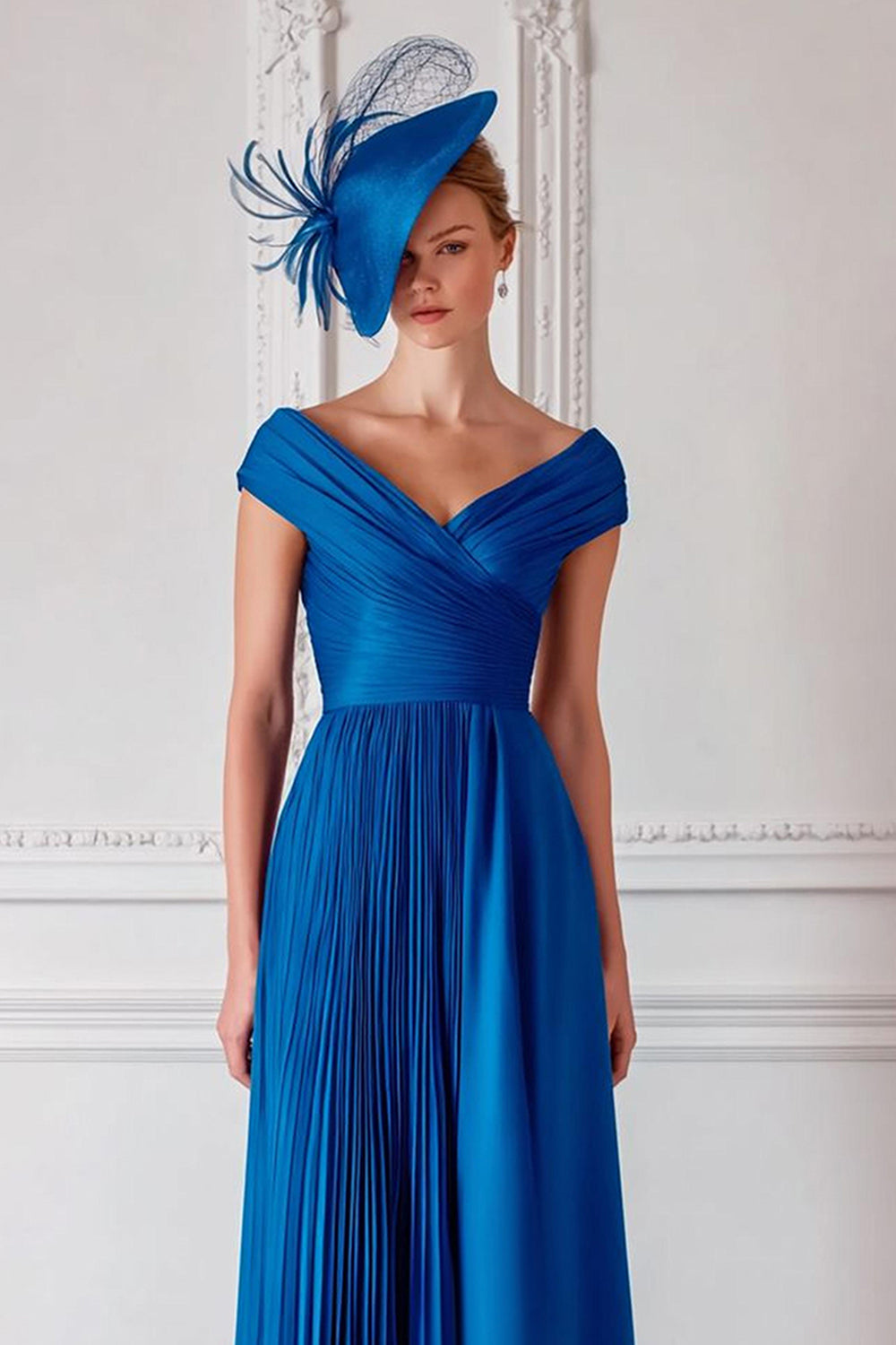 Royal Blue Off the Shoulder Satin A Line Pleated Long Mother of the Bride Dress