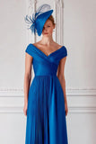 Royal Blue Off the Shoulder Satin A Line Pleated Long Mother of the Bride Dress