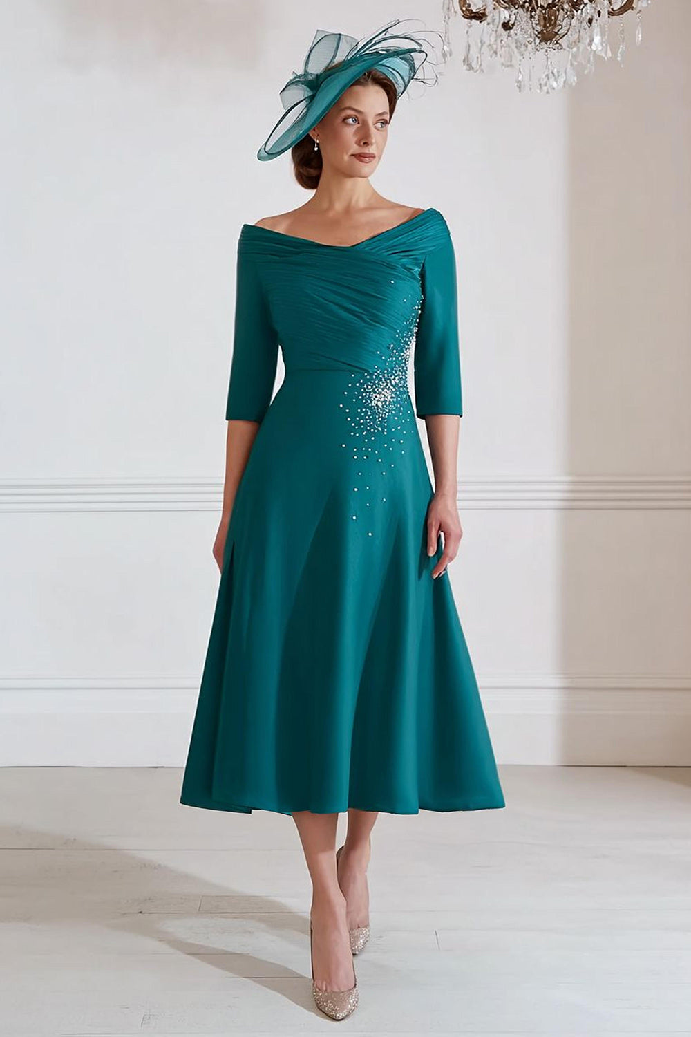 Sparkly Peacock Green Beaded A Line Long Mother of the Bride Dress with Sleeves