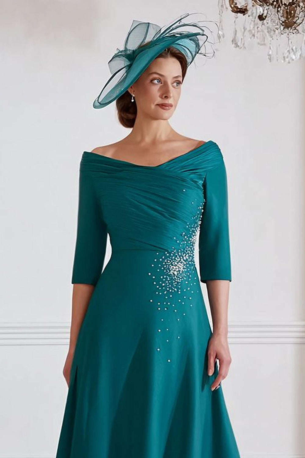 Sparkly Peacock Green Beaded A Line Long Mother of the Bride Dress with Sleeves