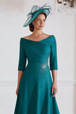 Sparkly Peacock Green Beaded A Line Long Mother of the Bride Dress with Sleeves