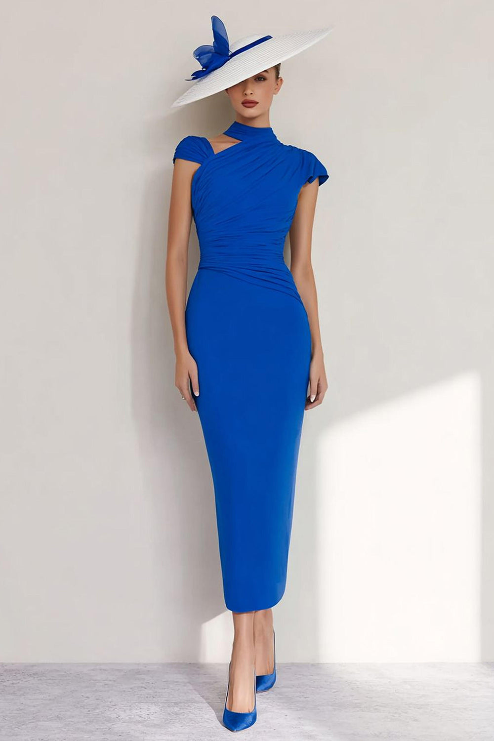 Royal Blue Halter Sheath Chiffon Long Mother of the Bride Dress with Sleeves