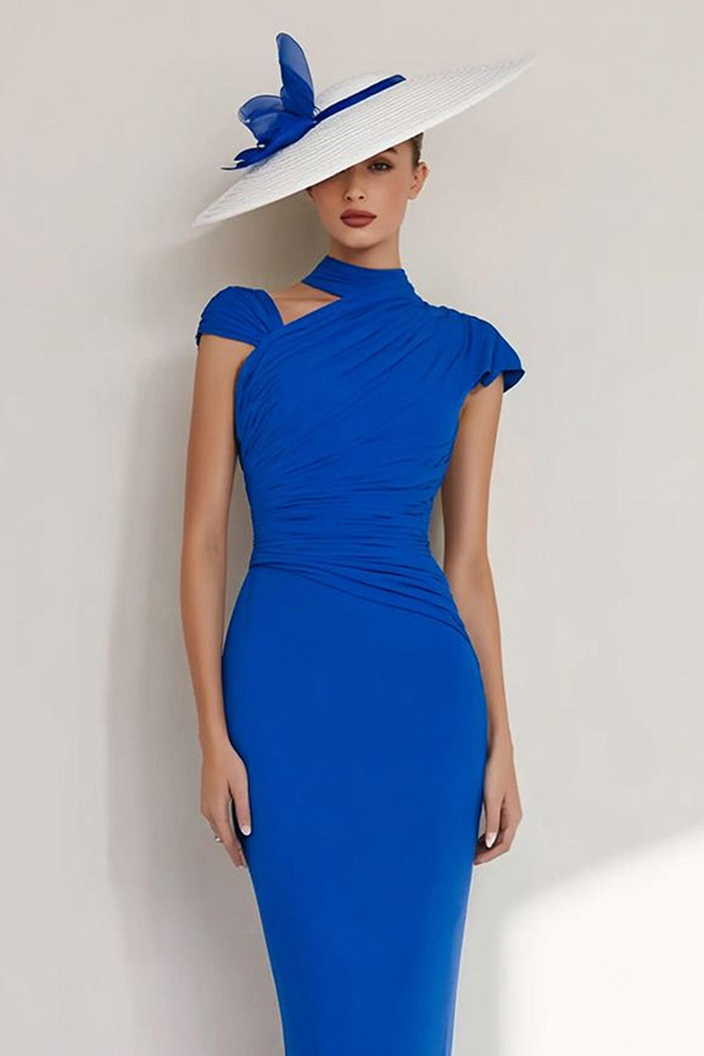 Royal Blue Halter Sheath Chiffon Long Mother of the Bride Dress with Sleeves