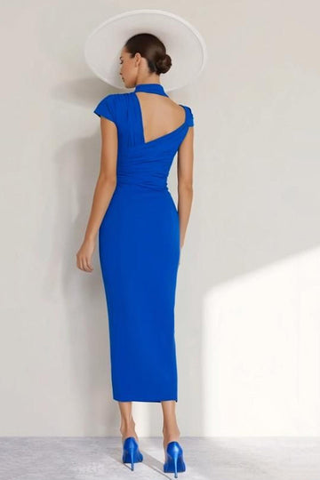 Royal Blue Halter Sheath Chiffon Long Mother of the Bride Dress with Sleeves