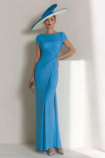 Blue Chiffon Sheath Bateau Ruched Long Mother of the Bride Dress with Sleeves