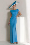 Blue Chiffon Sheath Bateau Ruched Long Mother of the Bride Dress with Sleeves