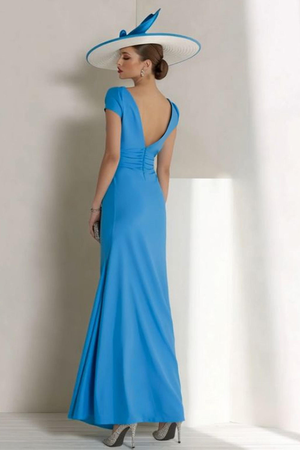 Blue Chiffon Sheath Bateau Ruched Long Mother of the Bride Dress with Sleeves