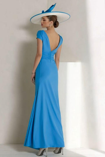 Blue Chiffon Sheath Bateau Ruched Long Mother of the Bride Dress with Sleeves