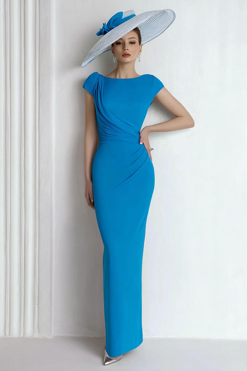 Sheath Chiffon Blue Bateau Neck Cap Sleeves Long Mother of the Bride Dress