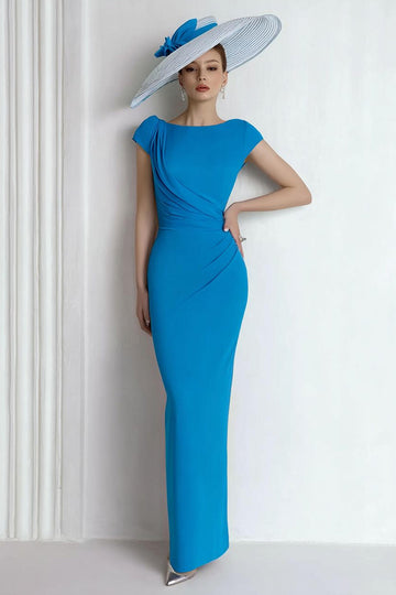 Sheath Chiffon Blue Bateau Neck Cap Sleeves Long Mother of the Bride Dress