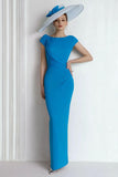 Sheath Chiffon Blue Bateau Neck Cap Sleeves Long Mother of the Bride Dress