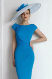 Sheath Chiffon Blue Bateau Neck Cap Sleeves Long Mother of the Bride Dress