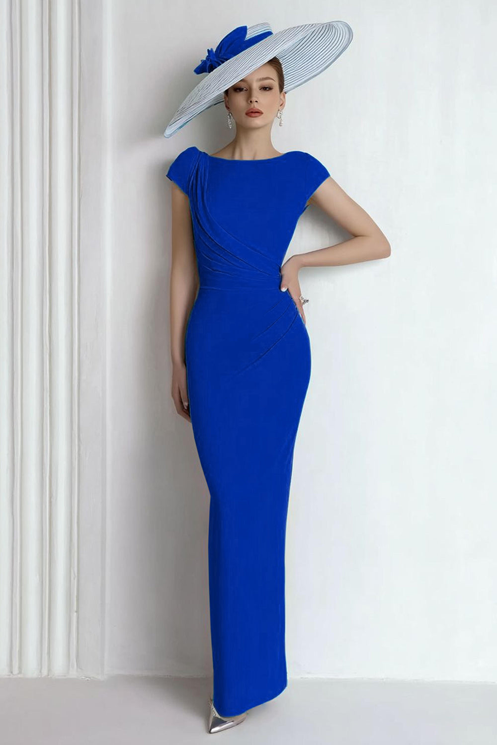 Sheath Chiffon Blue Bateau Neck Cap Sleeves Long Mother of the Bride Dress